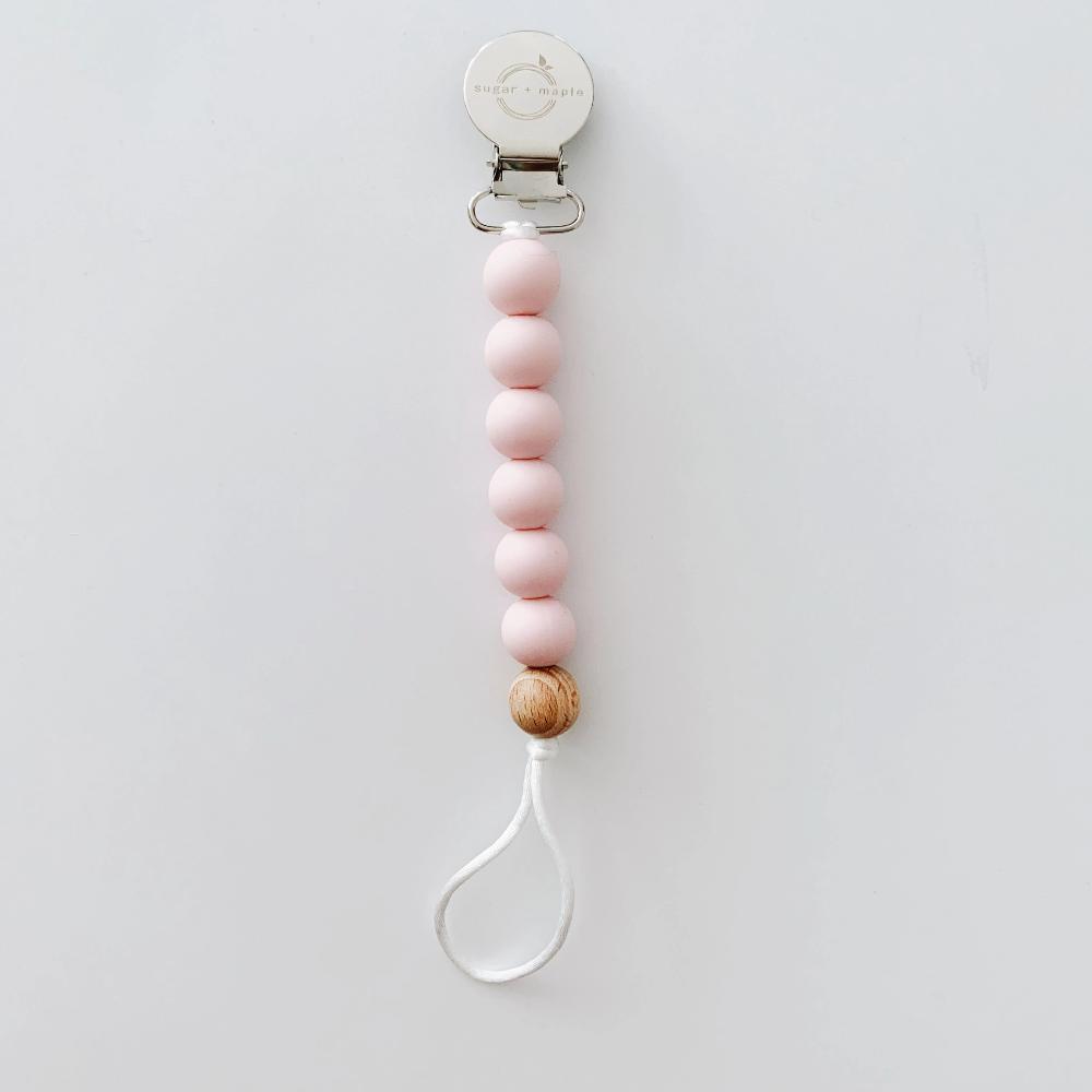 Pacifier + Teether Clip- Silicone with 1 Beechwood Bead - Blush